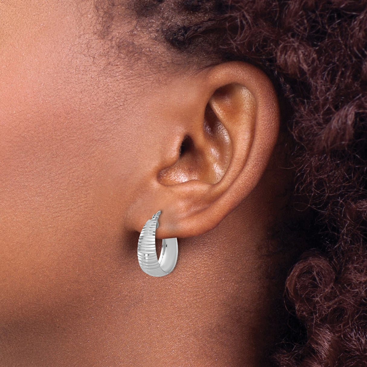 Sterling Silver Hoop Earrings, Textured Diamond Cut Striped Design, Lightweight Polished Finish