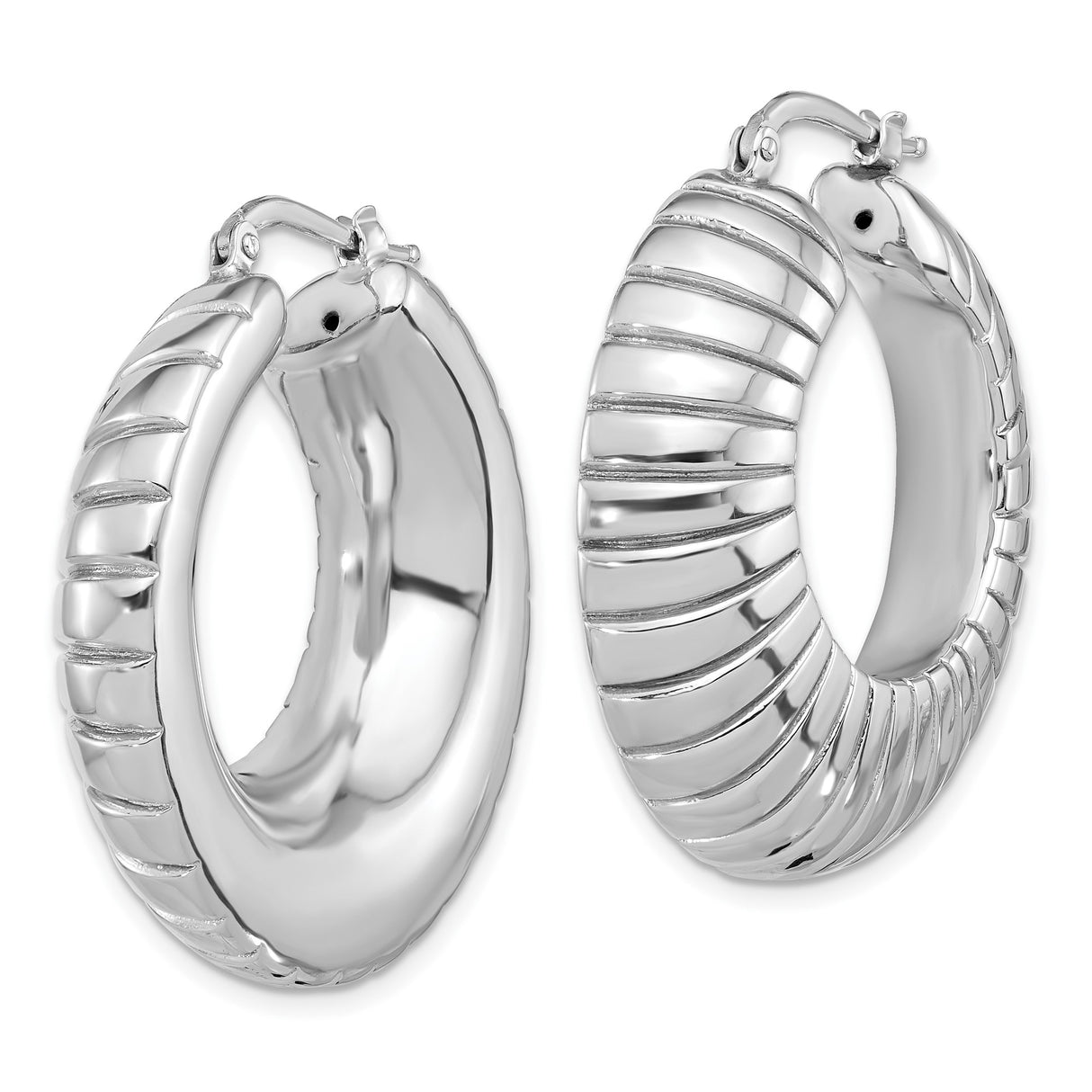 Sterling Silver Hoop Earrings, Ribbed Textured Chunky Dome Style, Bold Round Design