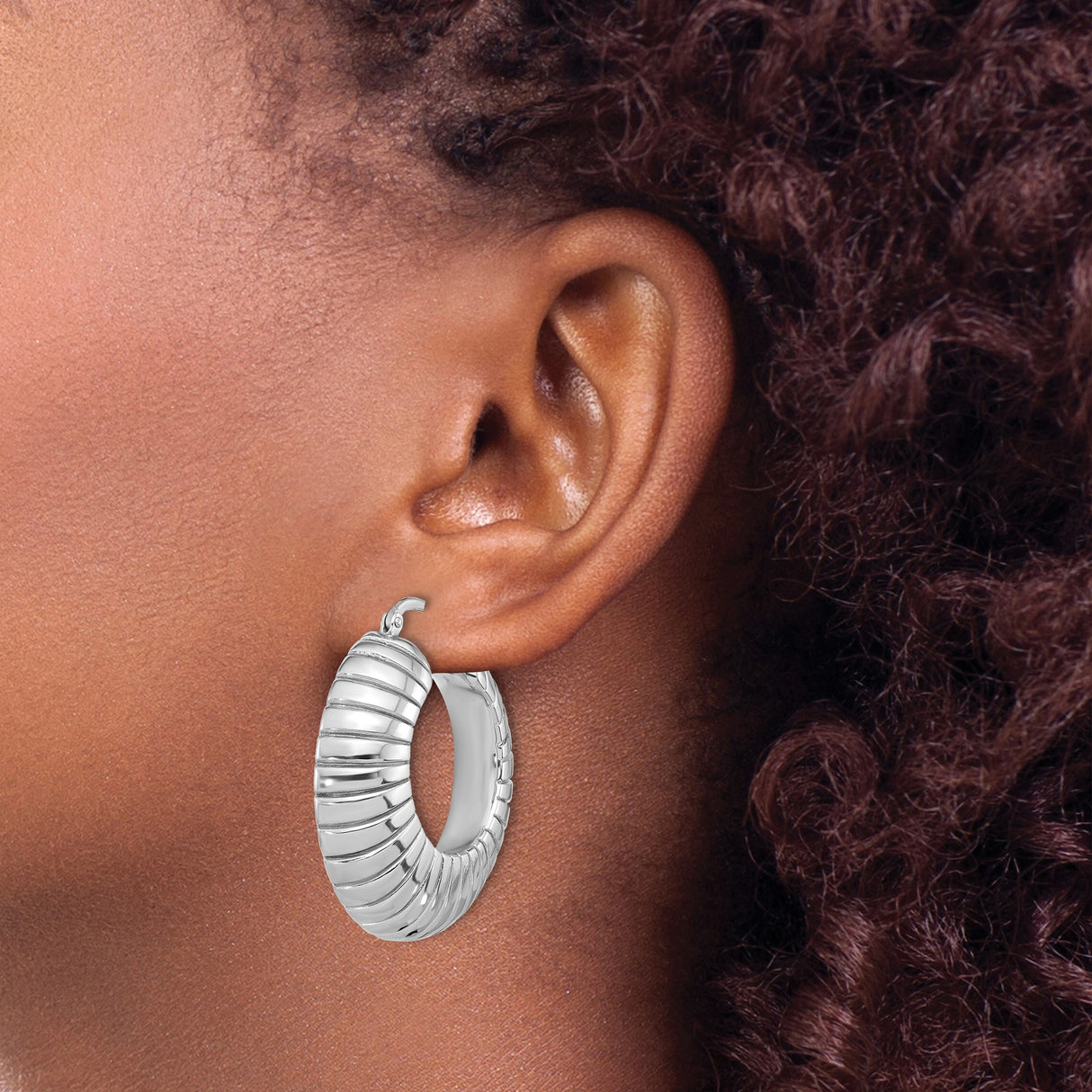 Sterling Silver Hoop Earrings, Ribbed Textured Chunky Dome Style, Bold Round Design