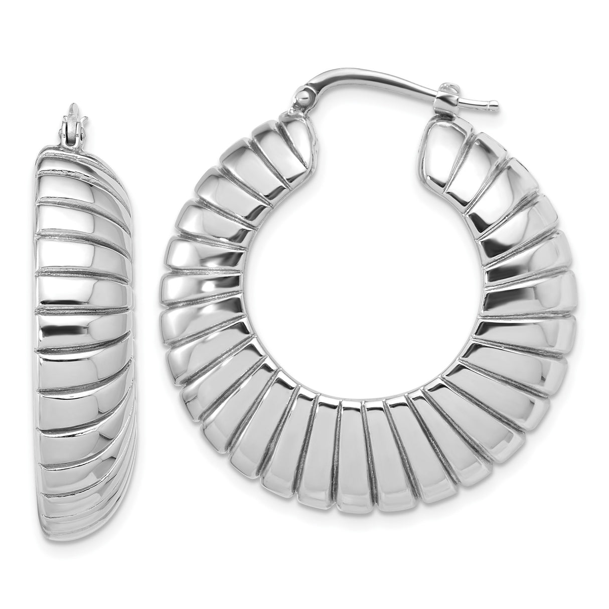 Sterling Silver Hoop Earrings, Ribbed Textured Chunky Dome Style, Bold Round Design