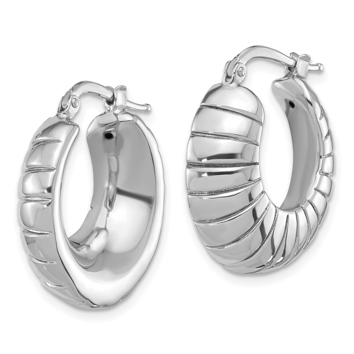 Sterling Silver Hoop Earrings with Ridged Scalloped Design, Polished Textured Finish