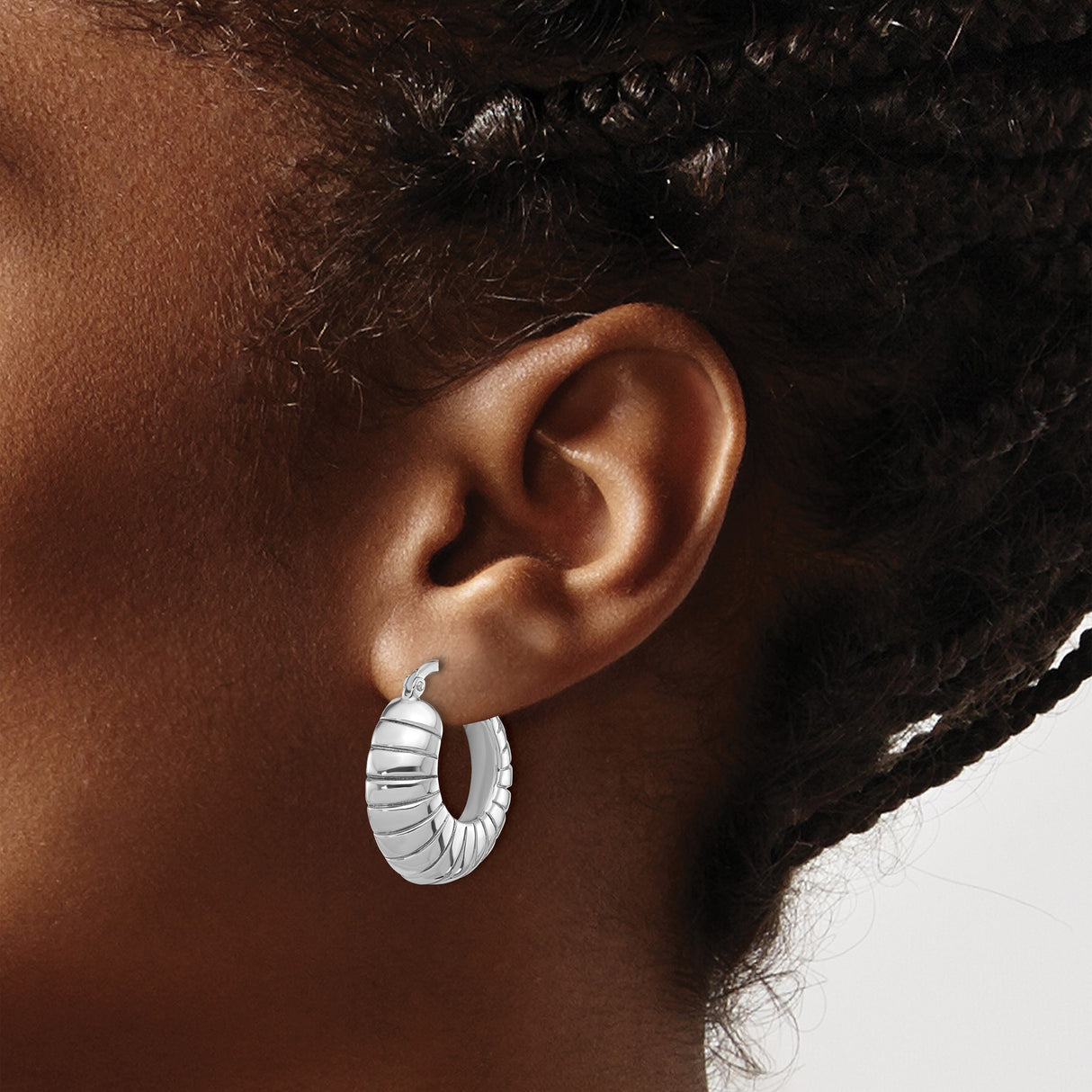 Sterling Silver Hoop Earrings with Ridged Scalloped Design, Polished Textured Finish