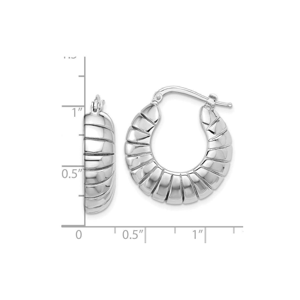 Sterling Silver Hoop Earrings with Ridged Scalloped Design, Polished Textured Finish