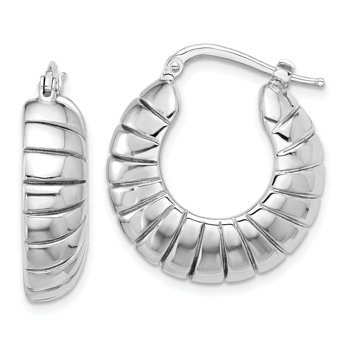 Sterling Silver Hoop Earrings with Ridged Scalloped Design, Polished Textured Finish