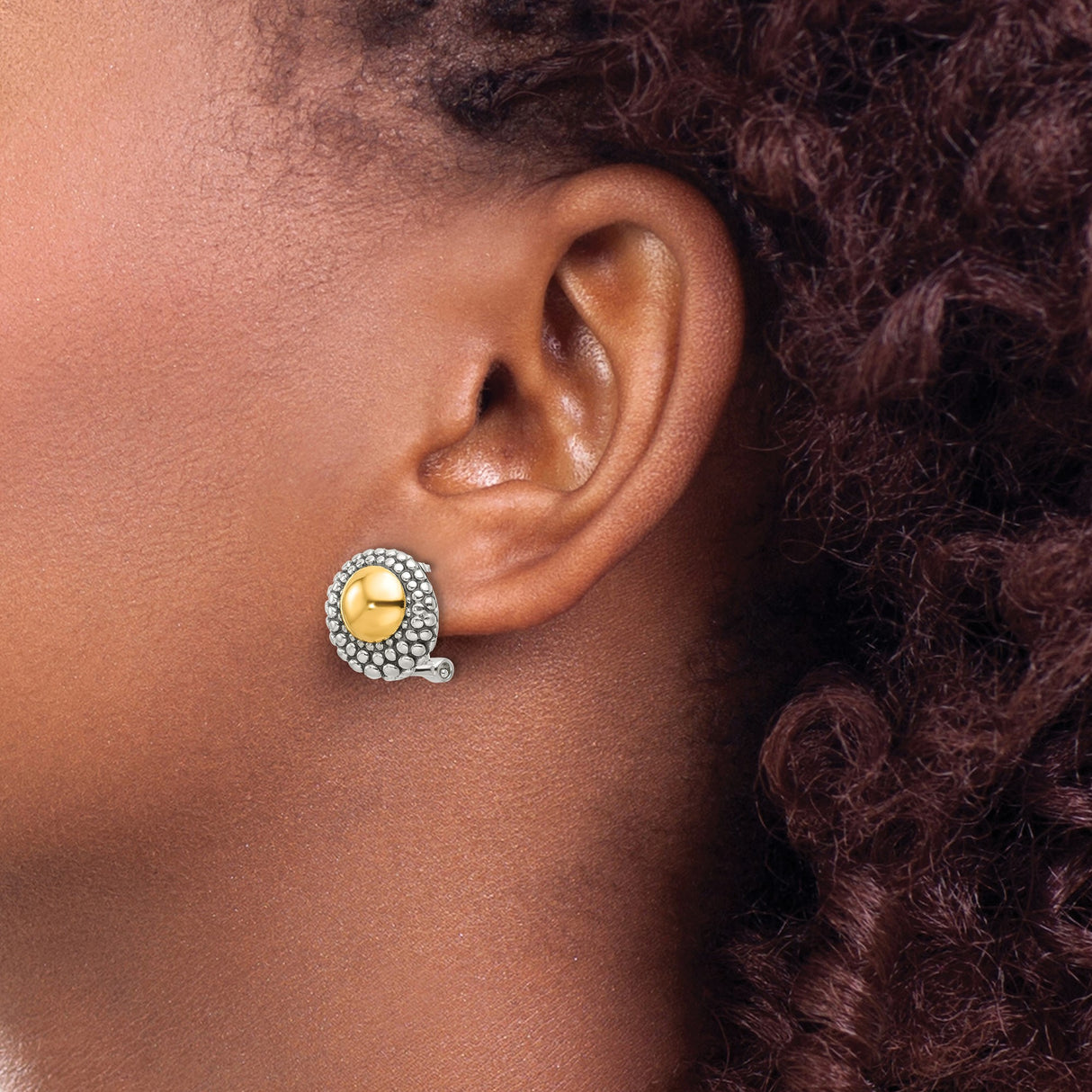 Sterling Silver and 14k Yellow Gold Domed Stud Earrings with Beaded Dot Border