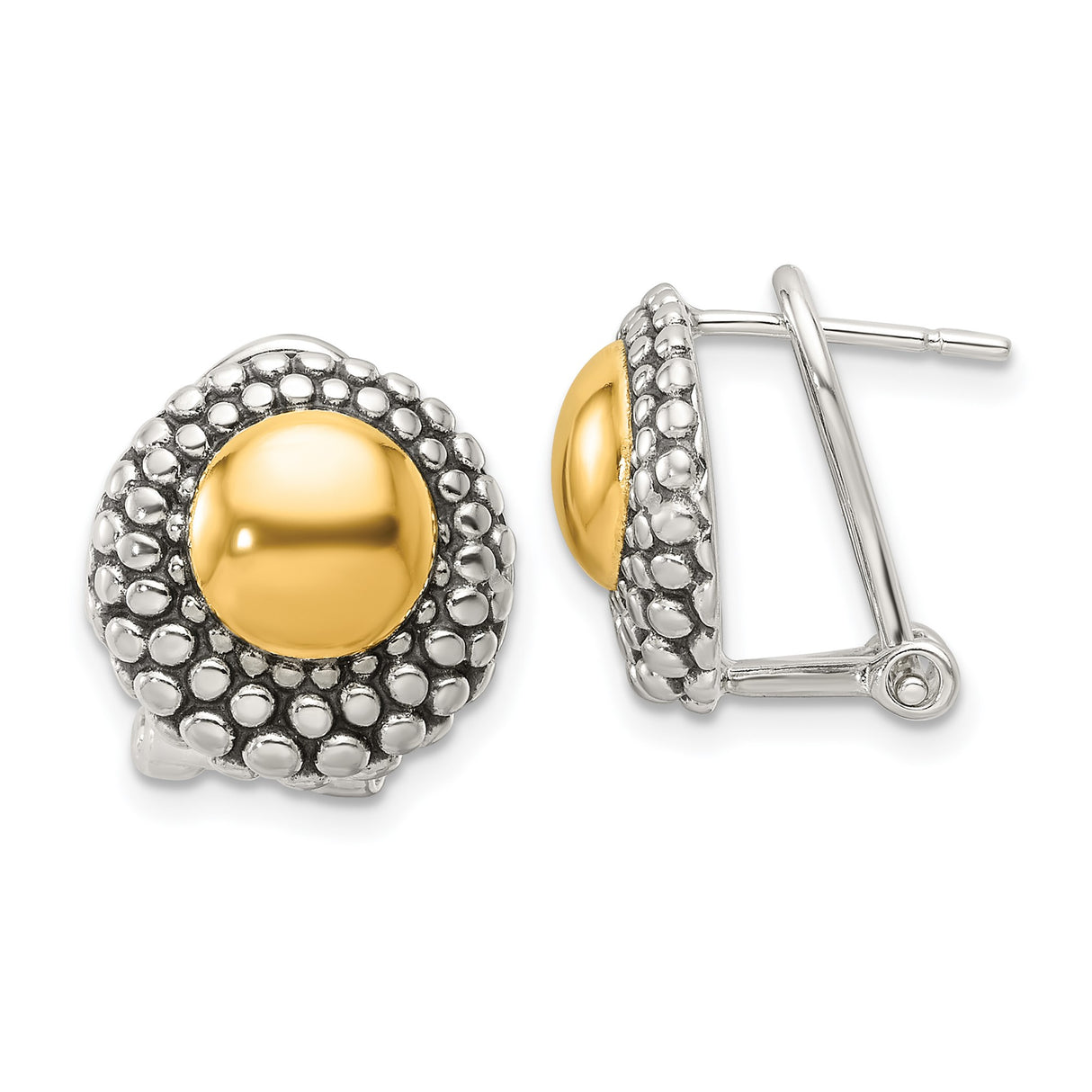 Sterling Silver and 14k Yellow Gold Domed Stud Earrings with Beaded Dot Border