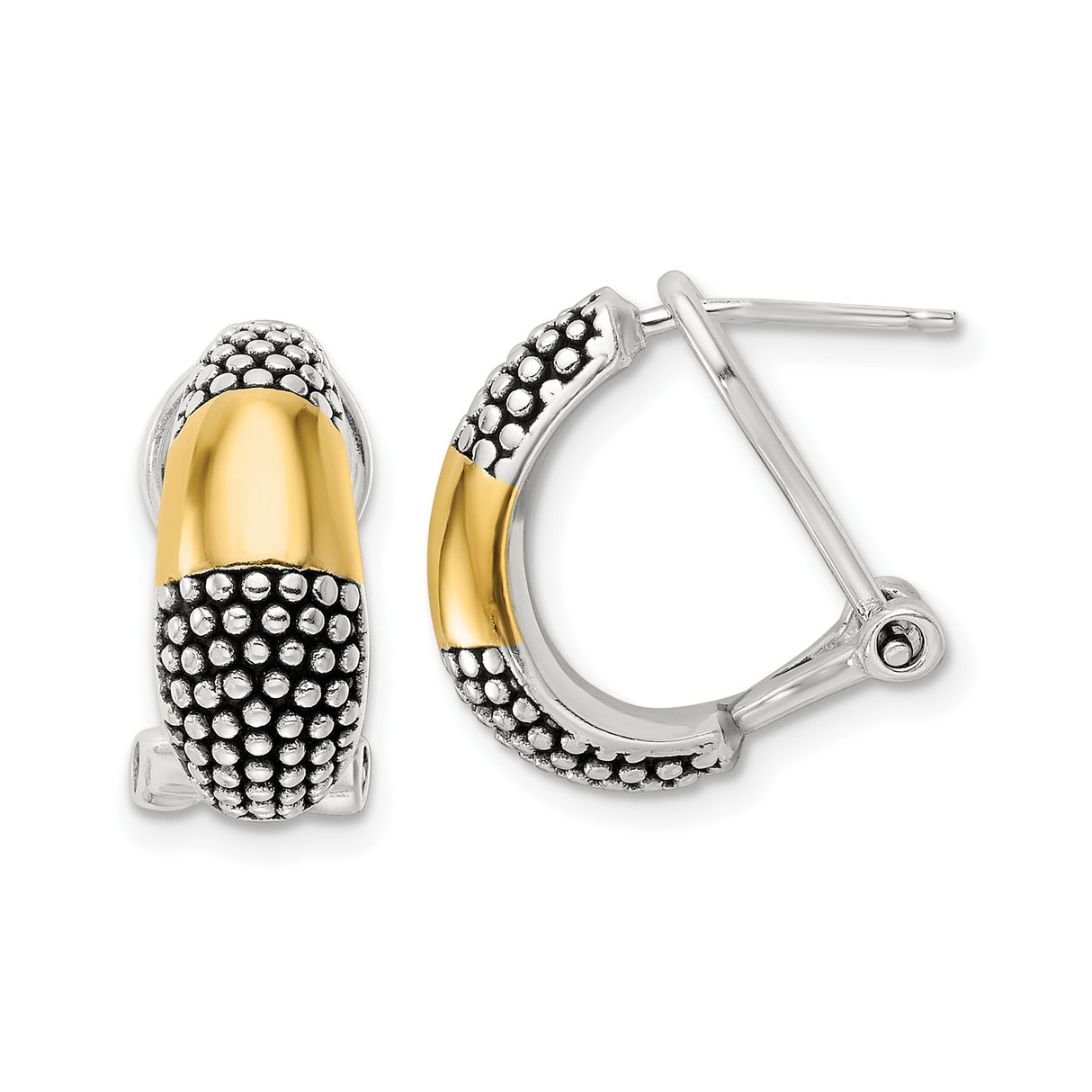 Sterling Silver Hoop Earrings with 14K Gold Plating, Textured Beaded Mixed Metal Design