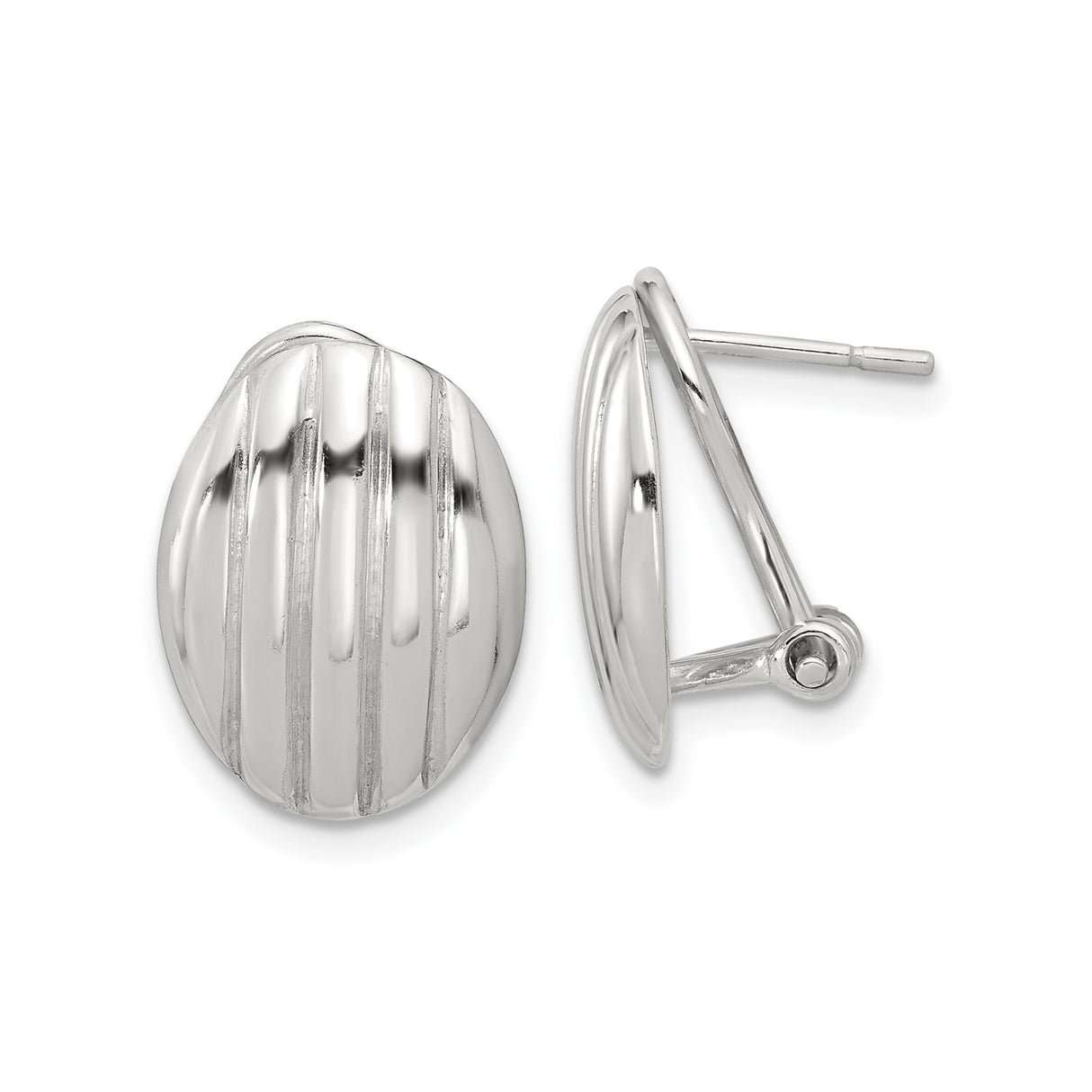 Sterling Silver Oval Clip-On Earrings with Polished and Grooved Finish for Women