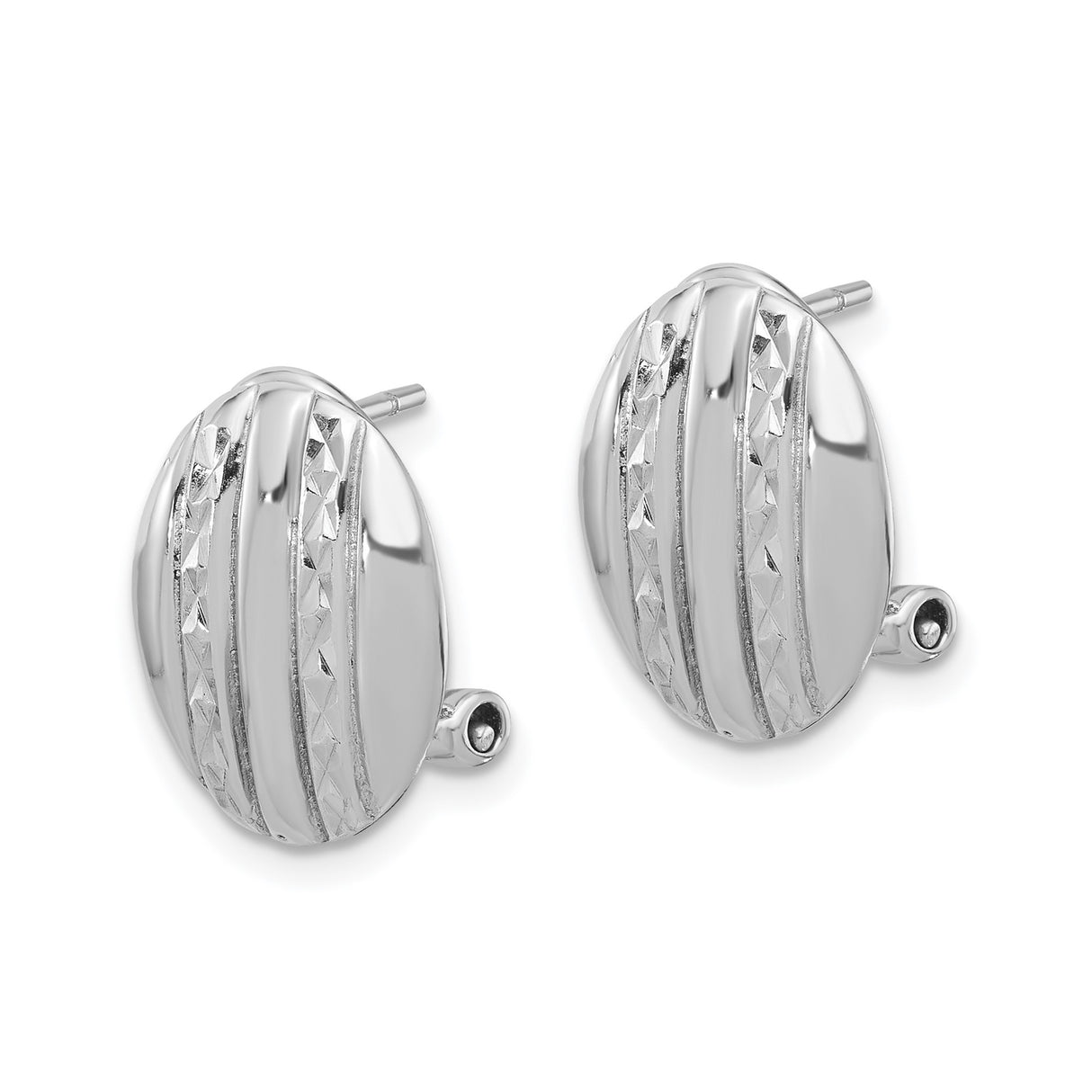 Sterling Silver Oval Button Earrings with Diamond Cut Striped Detailing and Omega Back
