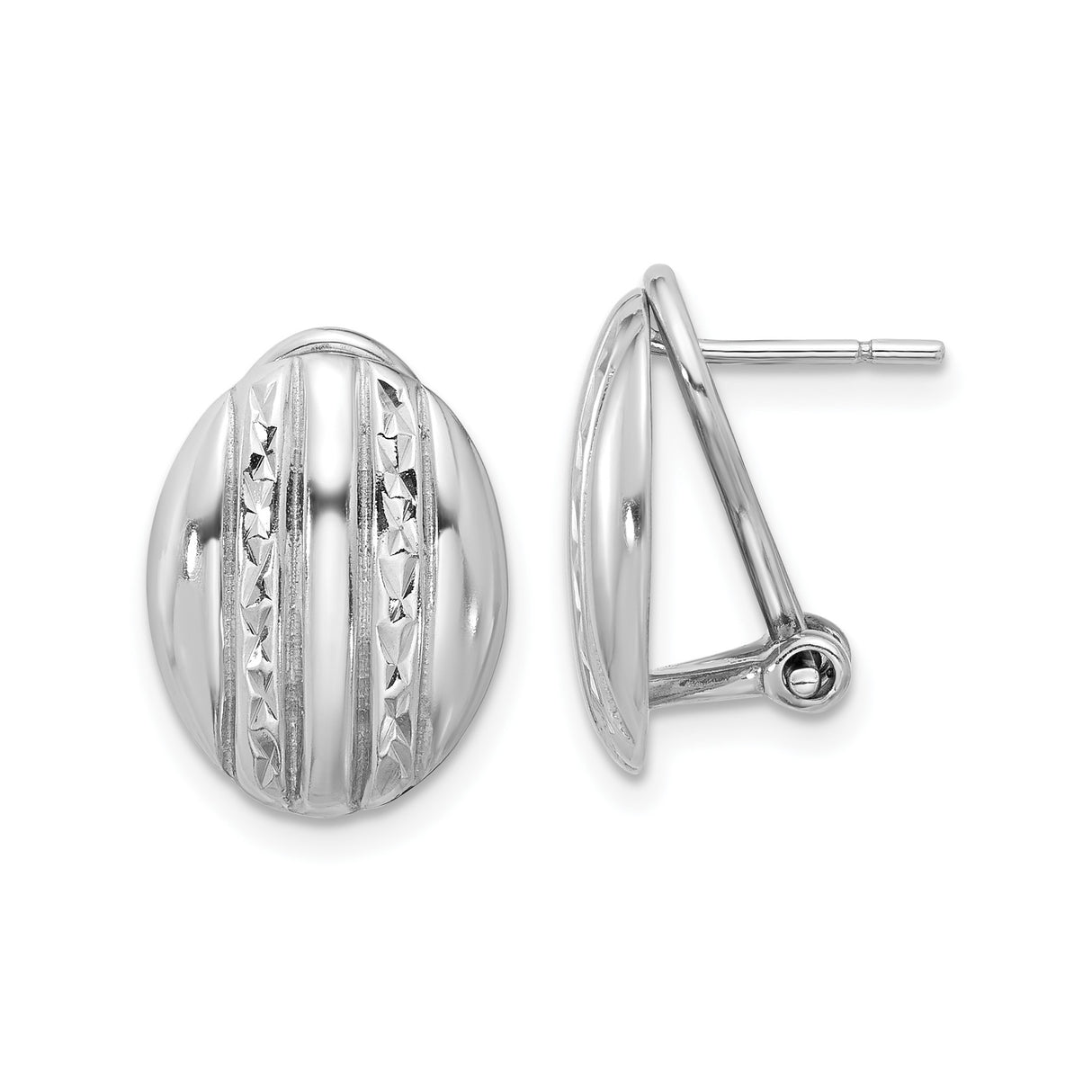 Sterling Silver Oval Button Earrings with Diamond Cut Striped Detailing and Omega Back