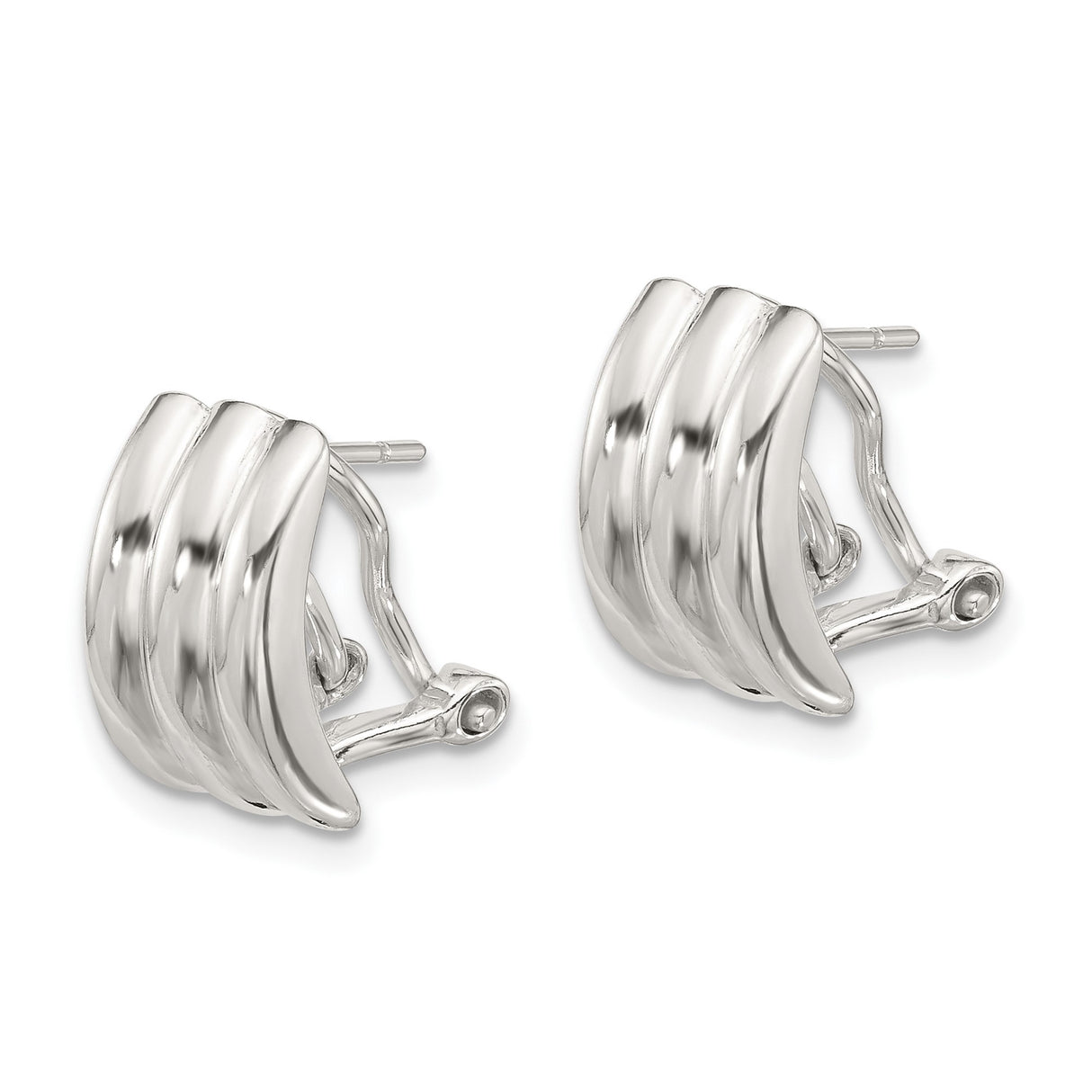 Sterling Silver Hoop Earrings with Polished Triple Ridge Design, Minimalist Huggie Style for Women