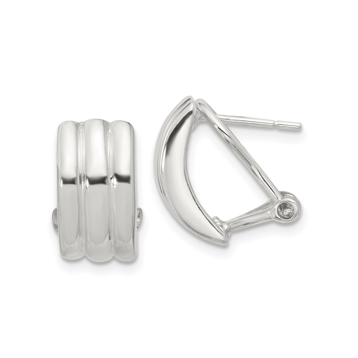 Sterling Silver Hoop Earrings with Polished Triple Ridge Design, Minimalist Huggie Style for Women