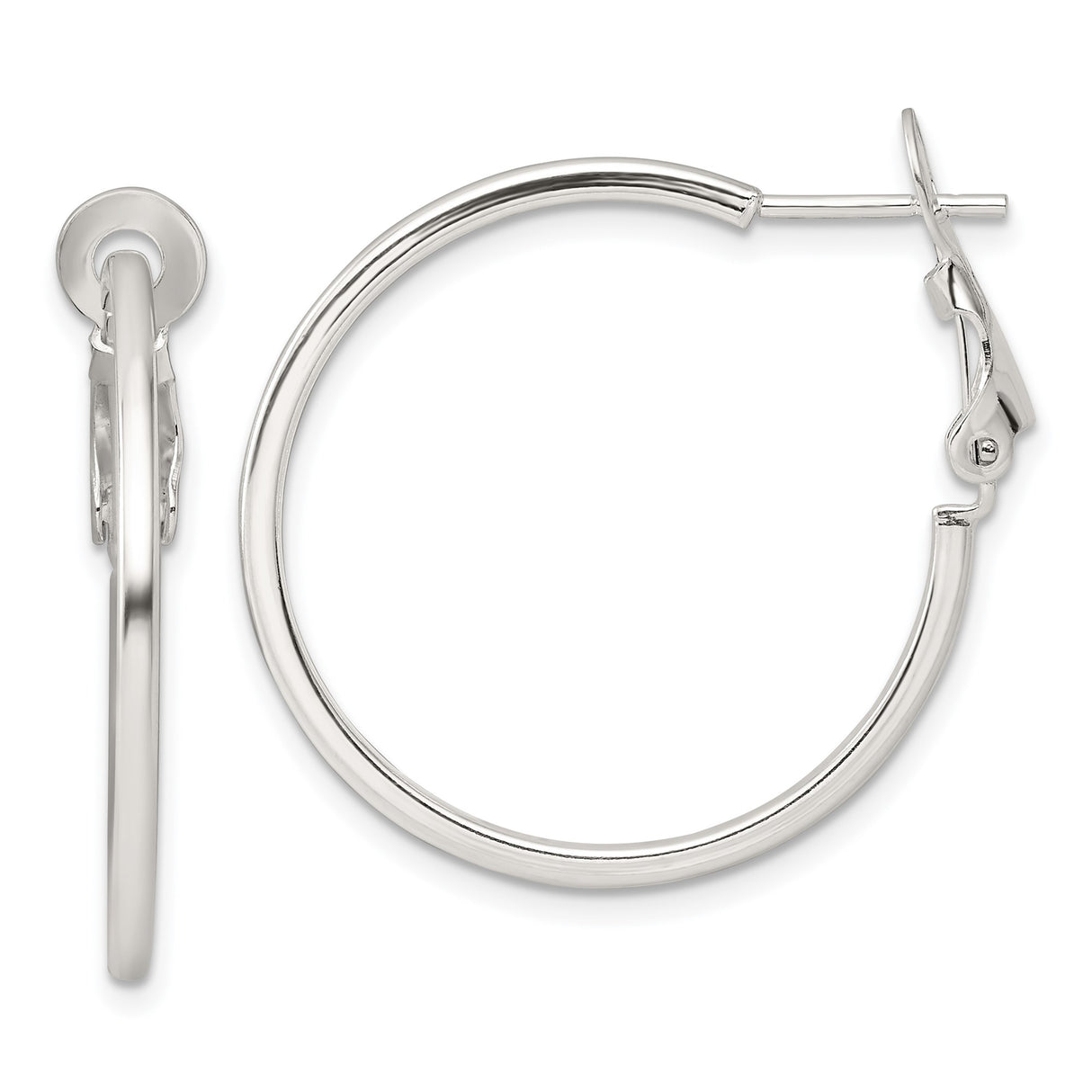 Sterling Silver Hoop Earrings, Polished Round Medium Size with Latch-Back Closure