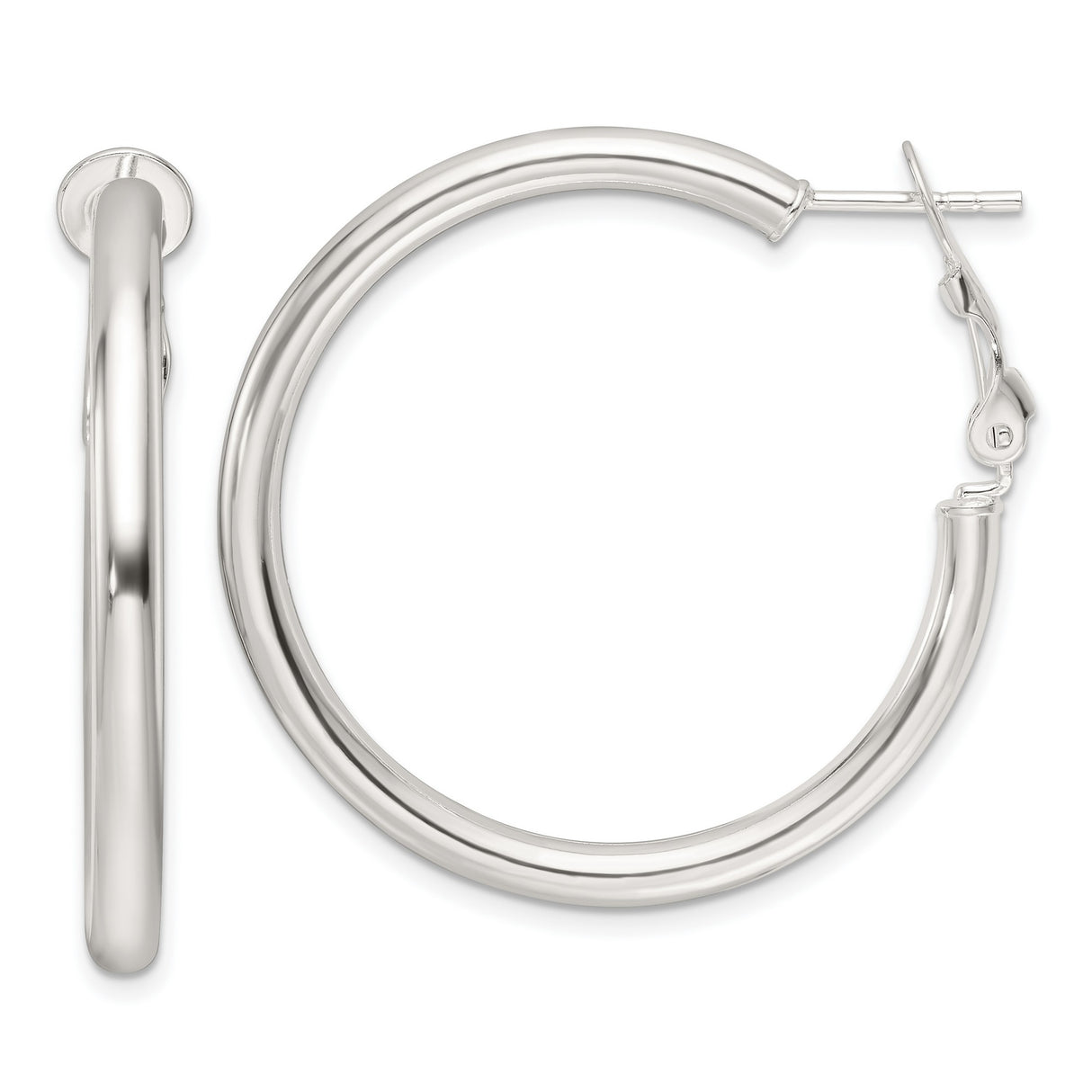 Sterling Silver Hoop Earrings, Polished Round Minimalist Design with Omega Back Closure