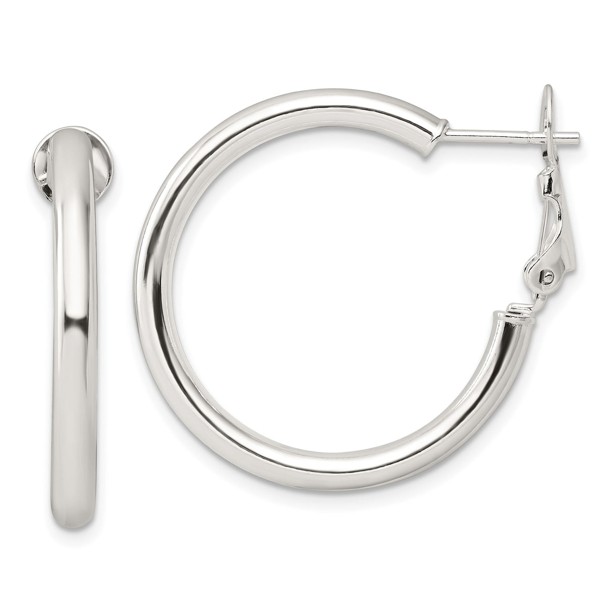 Sterling Silver Hoop Earrings, Smooth Polished Medium Round Hoops with Hinged Snap Closure