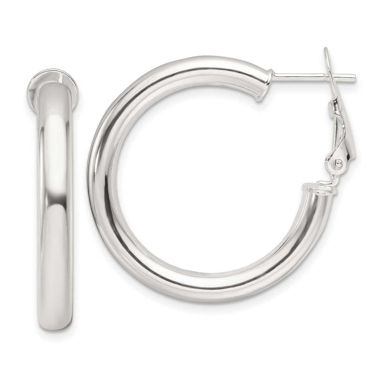 Sterling Silver Hoop Earrings with Polished Finish and Hinged Snap Closure, Minimalist Round Design