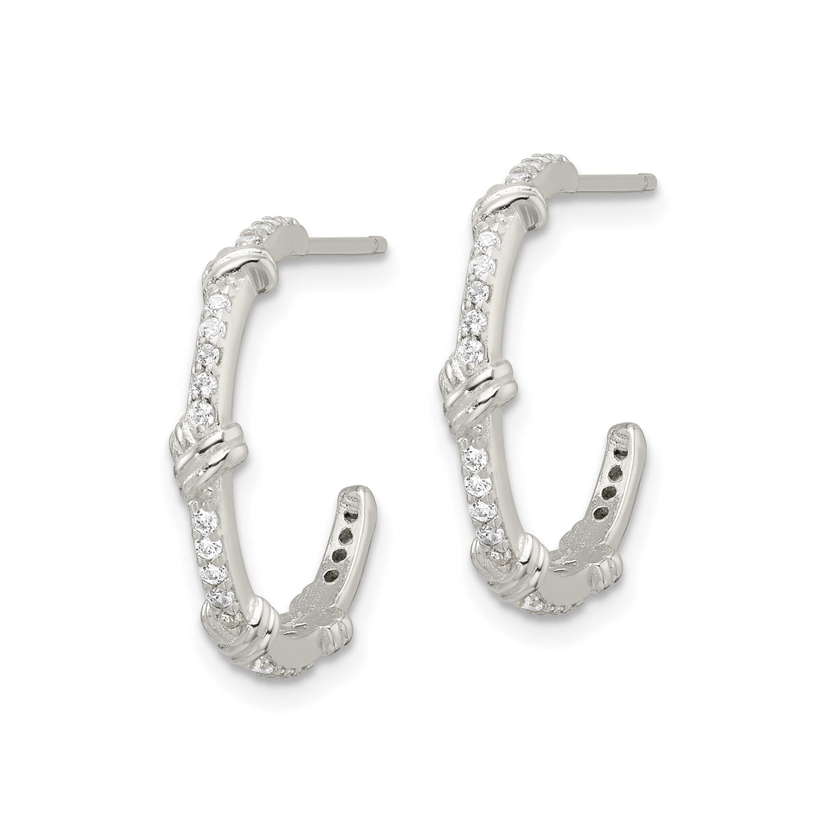 Sterling Silver Bamboo Hoop Earrings with Cubic Zirconia, Knot Design, Textured Finish