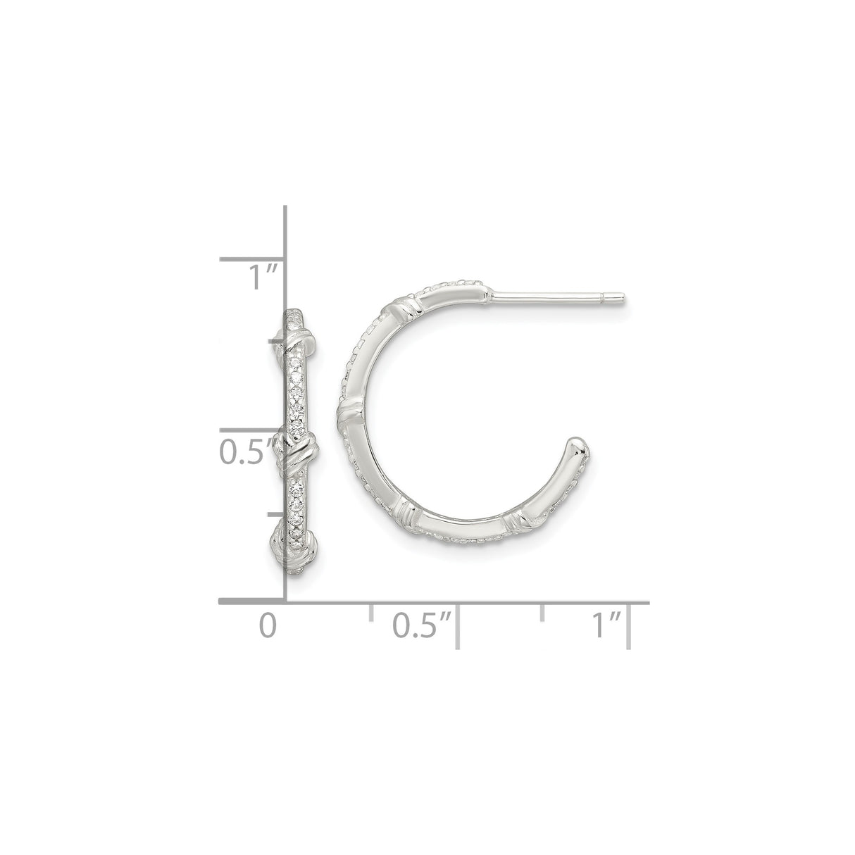 Sterling Silver Bamboo Hoop Earrings with Cubic Zirconia, Knot Design, Textured Finish