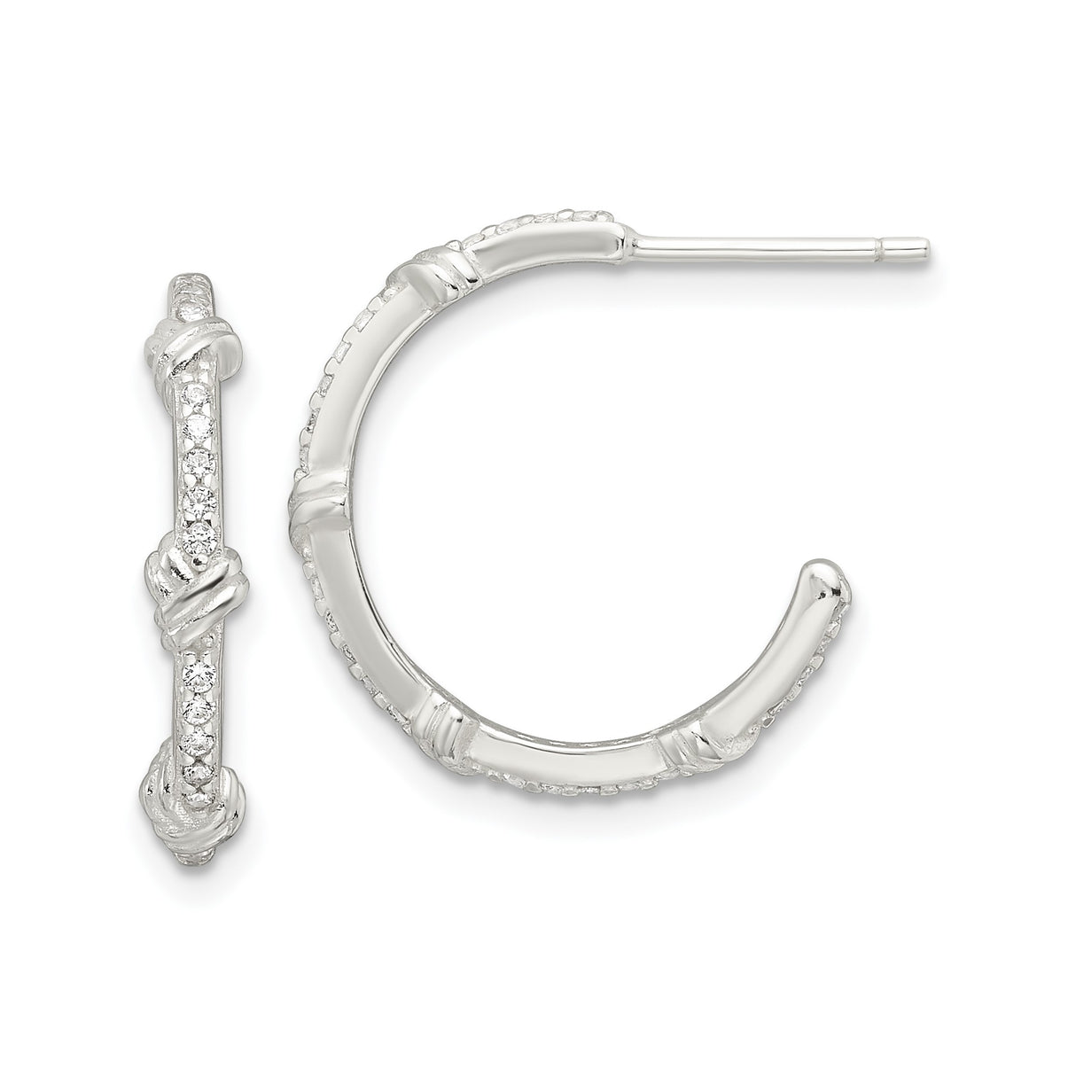 Sterling Silver Bamboo Hoop Earrings with Cubic Zirconia, Knot Design, Textured Finish