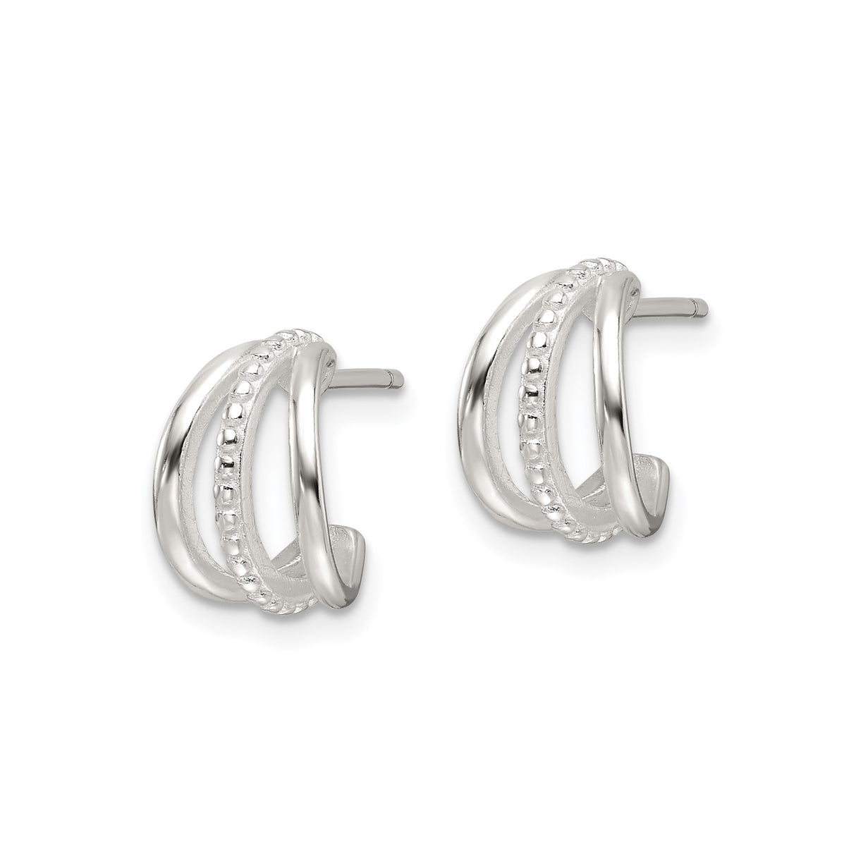 Sterling Silver Triple Layered Hoop Earrings with Beaded Texture Center Band for Women