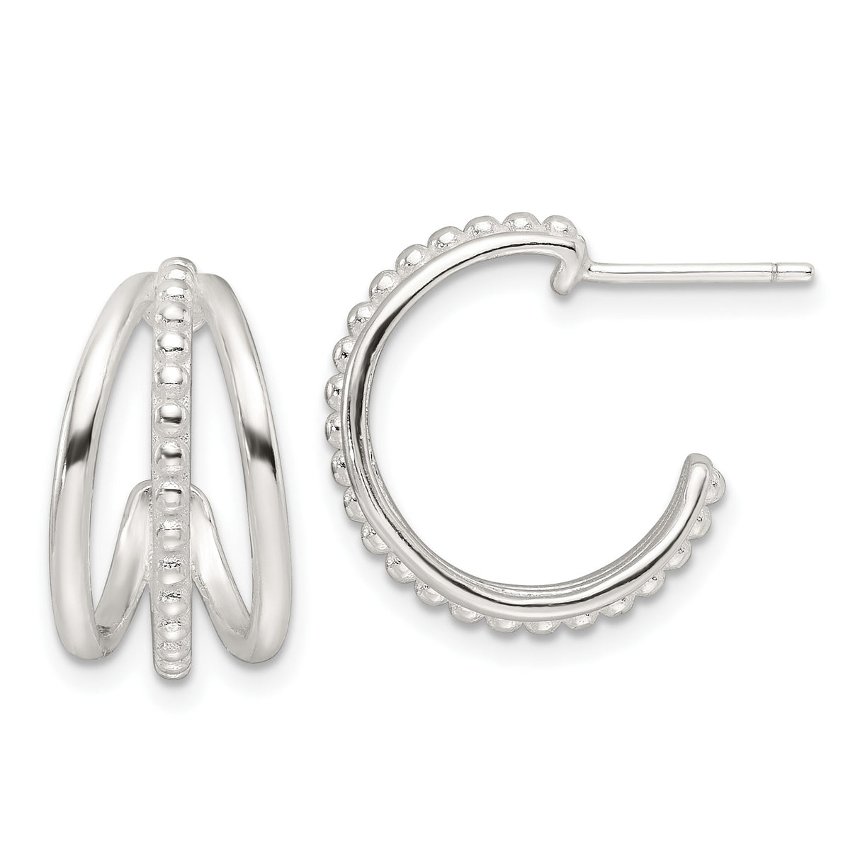 Sterling Silver Double Hoop Earrings with Beaded Edge and Polished Finish, Modern Minimalist Style