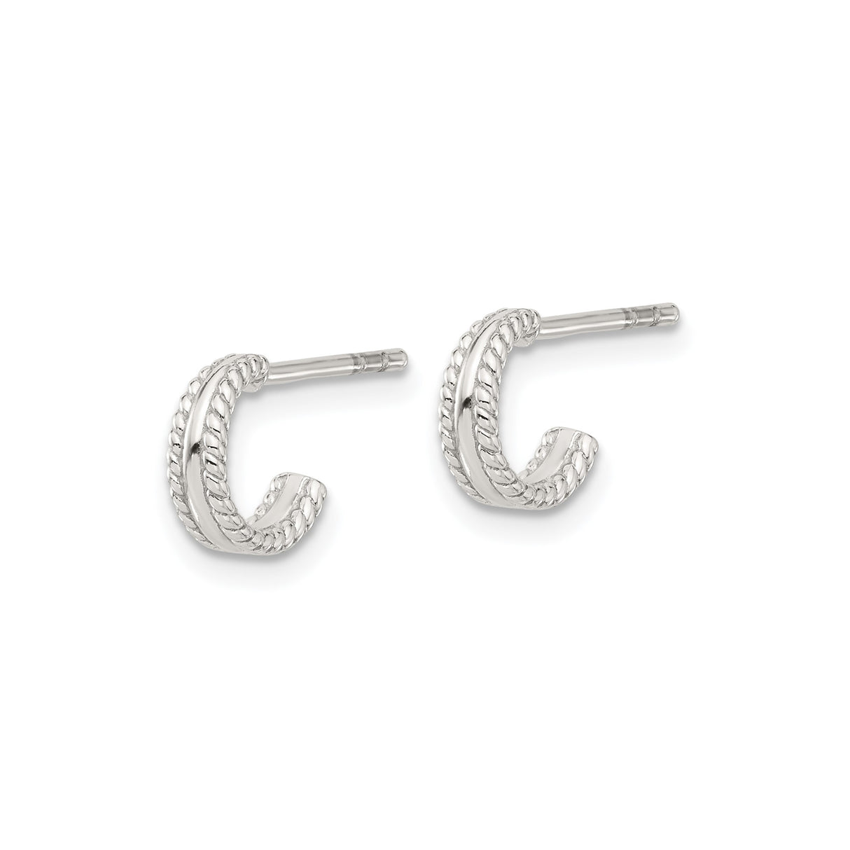 Sterling Silver Half Hoop Earrings with Twisted Rope Texture and Polished Center Band