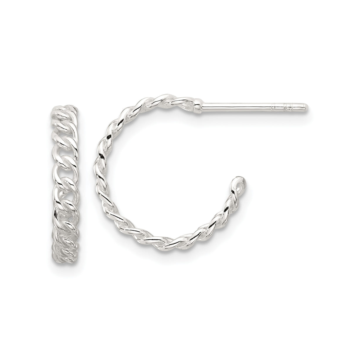 Sterling Silver Twisted Hoop Earrings, Half Circle Rope Style Studs, Minimalist Textured Design