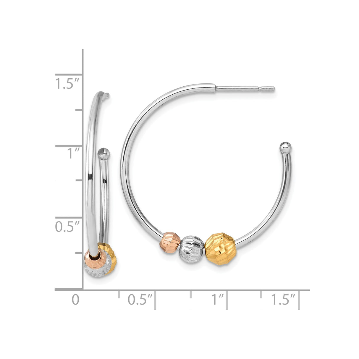 Sterling Silver Hoop Earrings with Faceted Beads in Tri Color Yellow, Rose, and White Tones