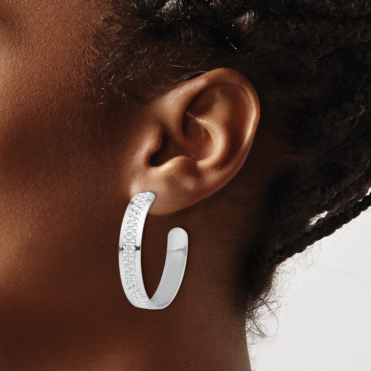 Sterling Silver Hoop Earrings, Textured Oval Cutout Design, Lightweight Modern Style