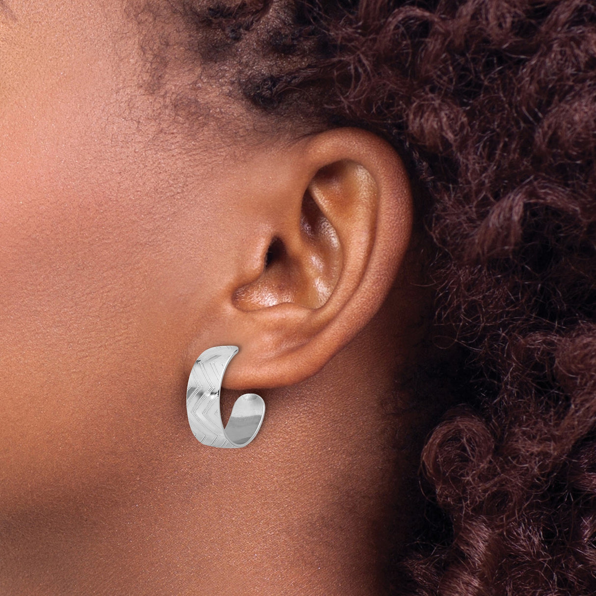 Sterling Silver Hoop Earrings, Textured Chevron Pattern, Modern Geometric Half Hoops for Women