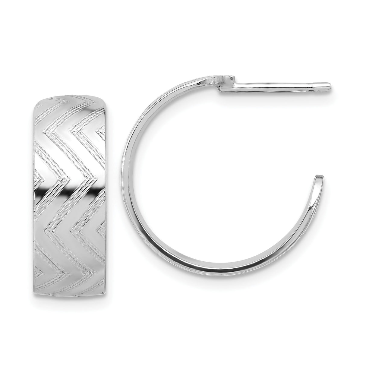 Sterling Silver Hoop Earrings, Textured Chevron Pattern, Modern Geometric Half Hoops for Women