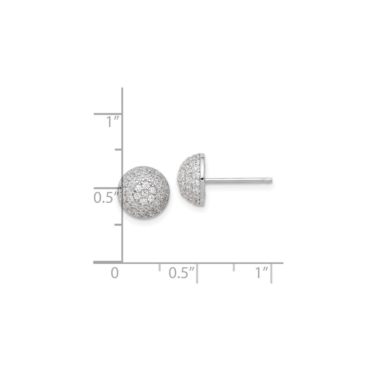 Sterling Silver Dome Stud Earrings with Cubic Zirconia Pavé Setting, Rhodium Plated Finish