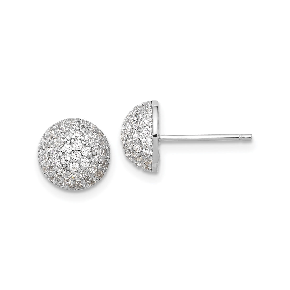 Sterling Silver Dome Stud Earrings with Cubic Zirconia Pavé Setting, Rhodium Plated Finish