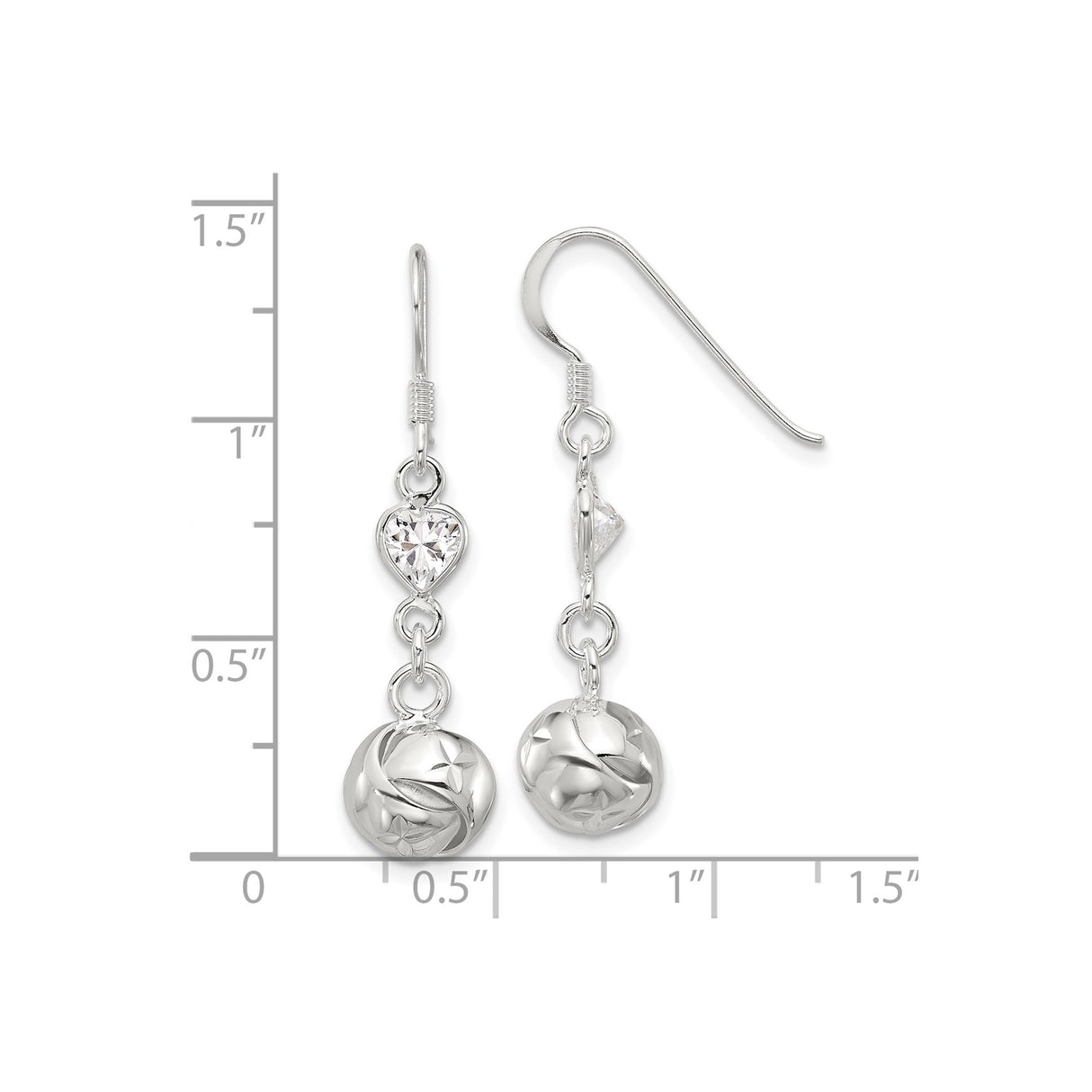 Sterling Silver Dangle Earrings with Heart-Shaped Cubic Zirconia and Floral Ball Charms