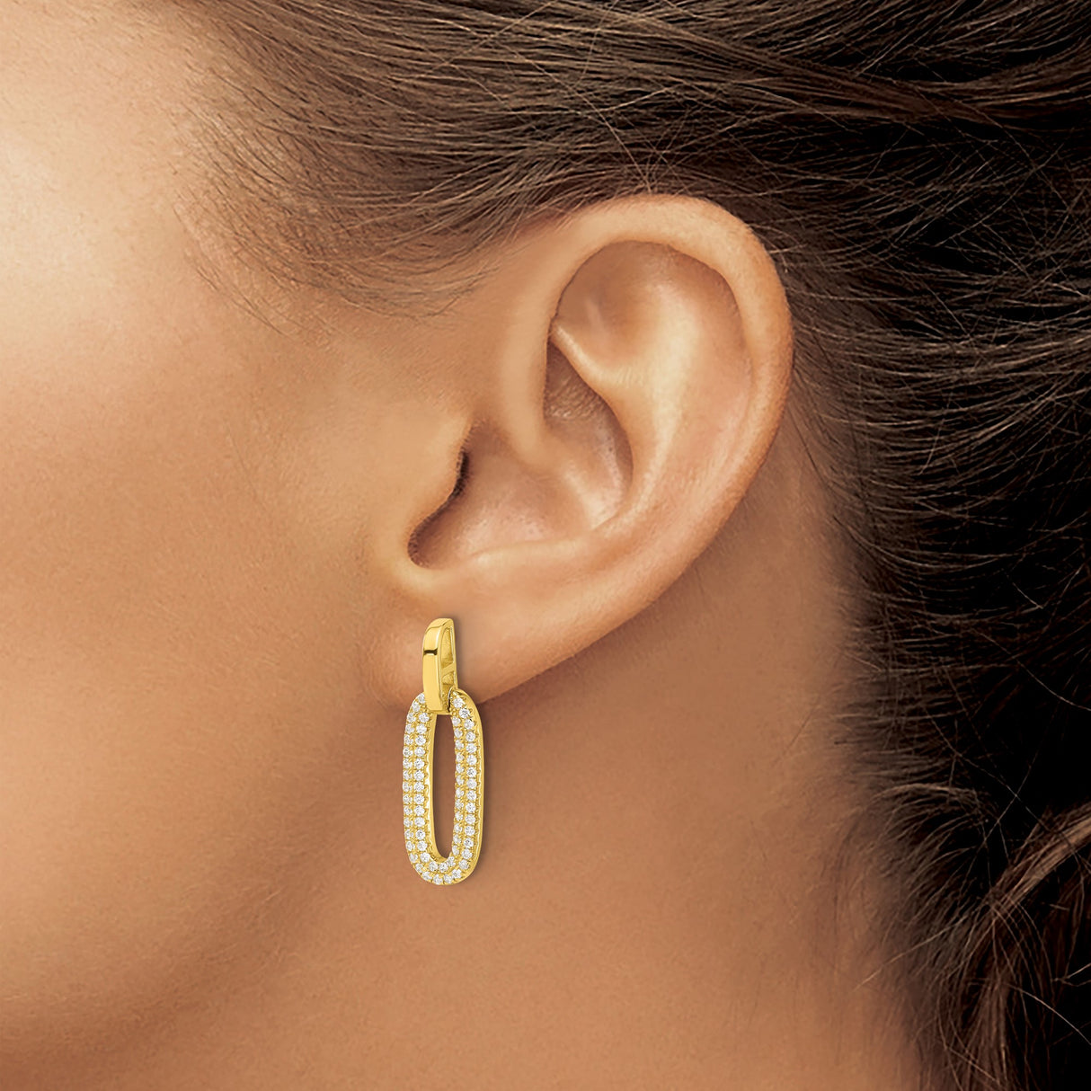 Sterling Silver Dangle Earrings with Cubic Zirconia, Elongated Oval Open Link Design