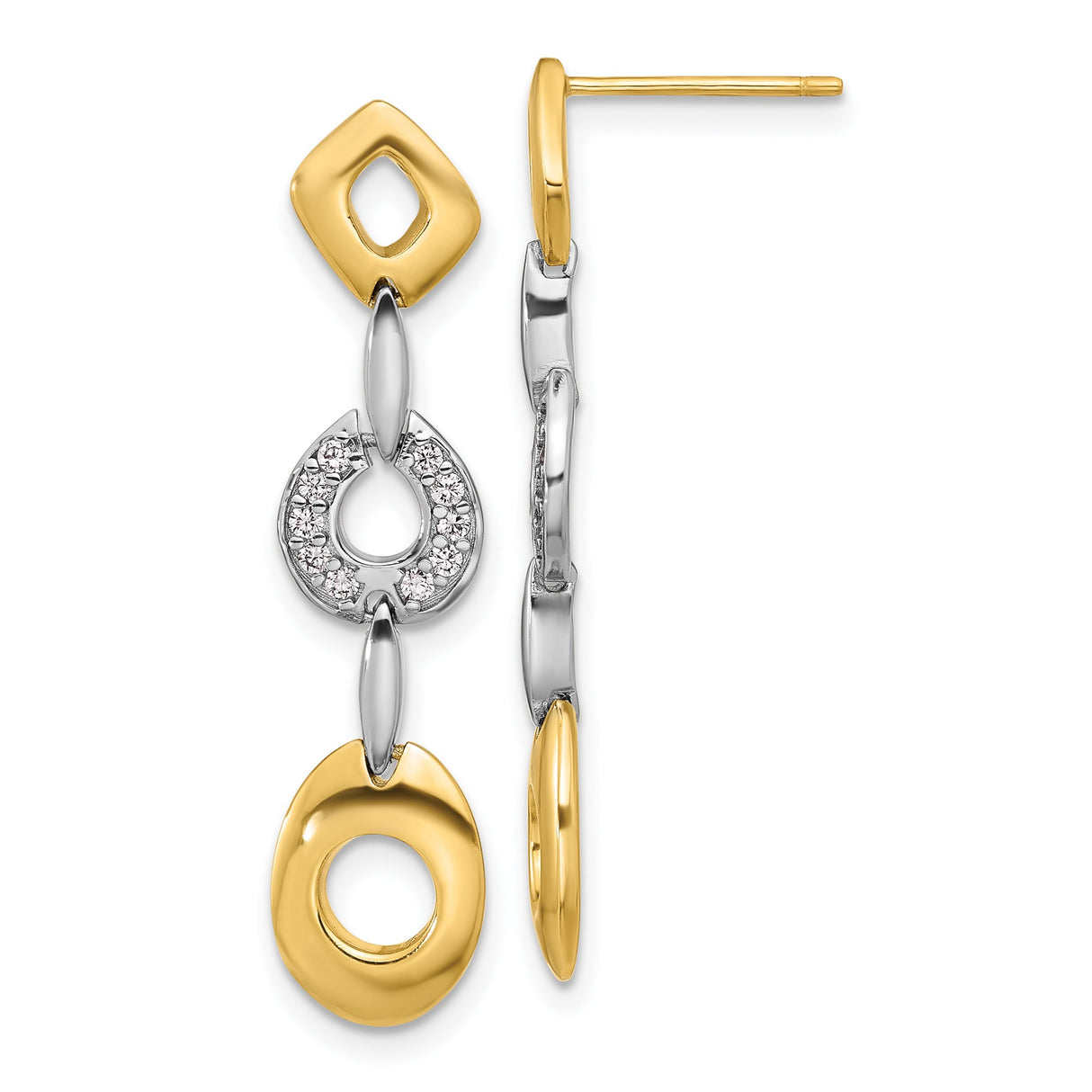 Sterling Silver and 14k Yellow Gold Dangle Earrings with Cubic Zirconia, Geometric Statement Style