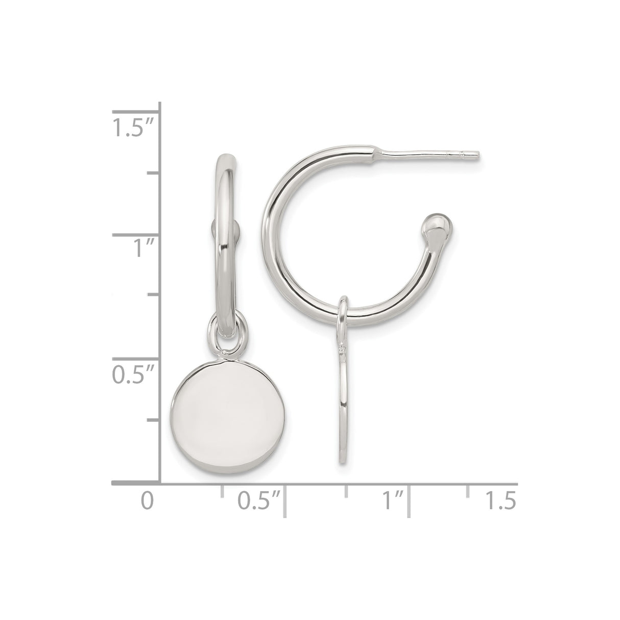 Sterling Silver Hoop Earrings with Round Disc Charm, Minimalist Lightweight Design