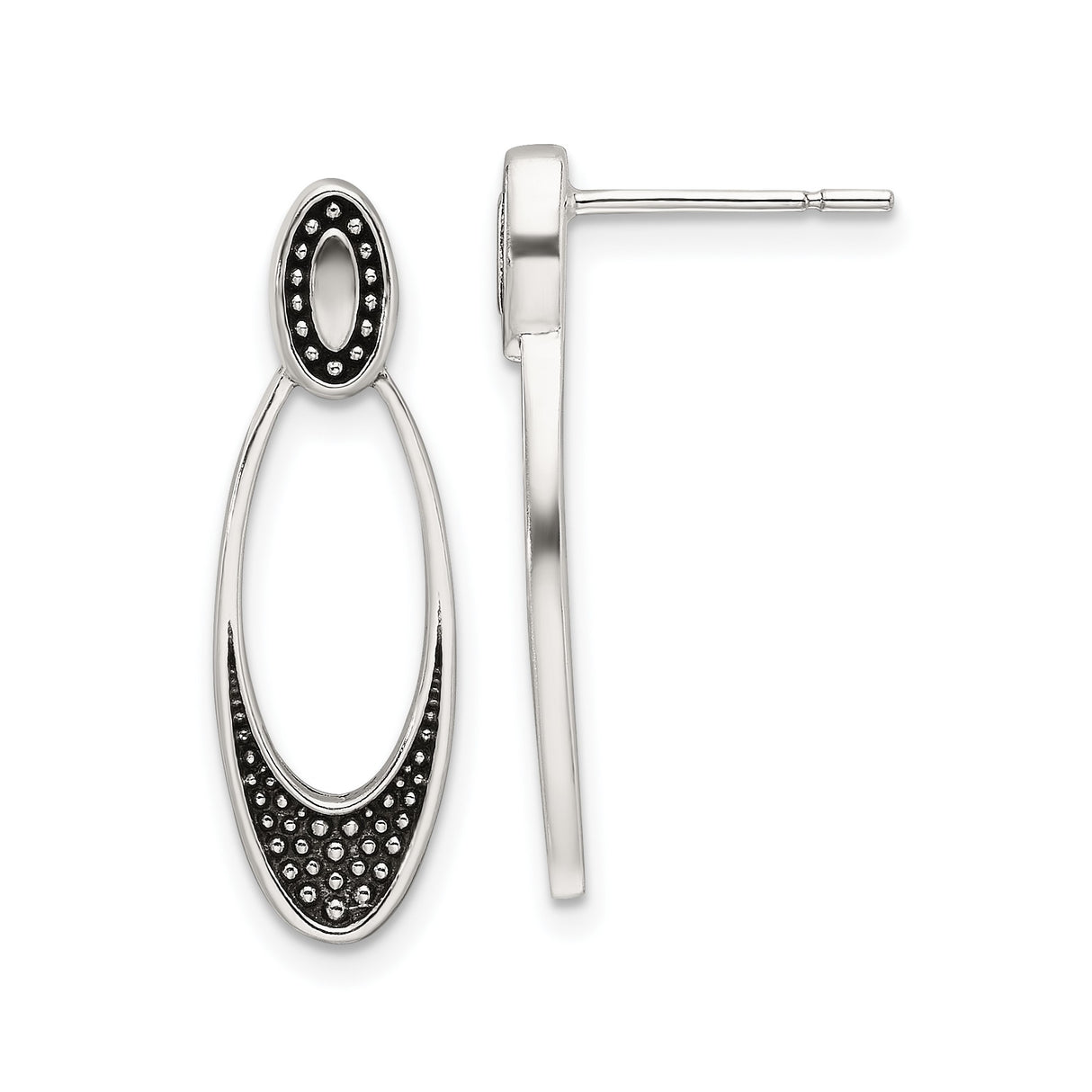 Sterling Silver Drop Earrings with Open Oval Dangle, Black Accents, Textured Dot Design