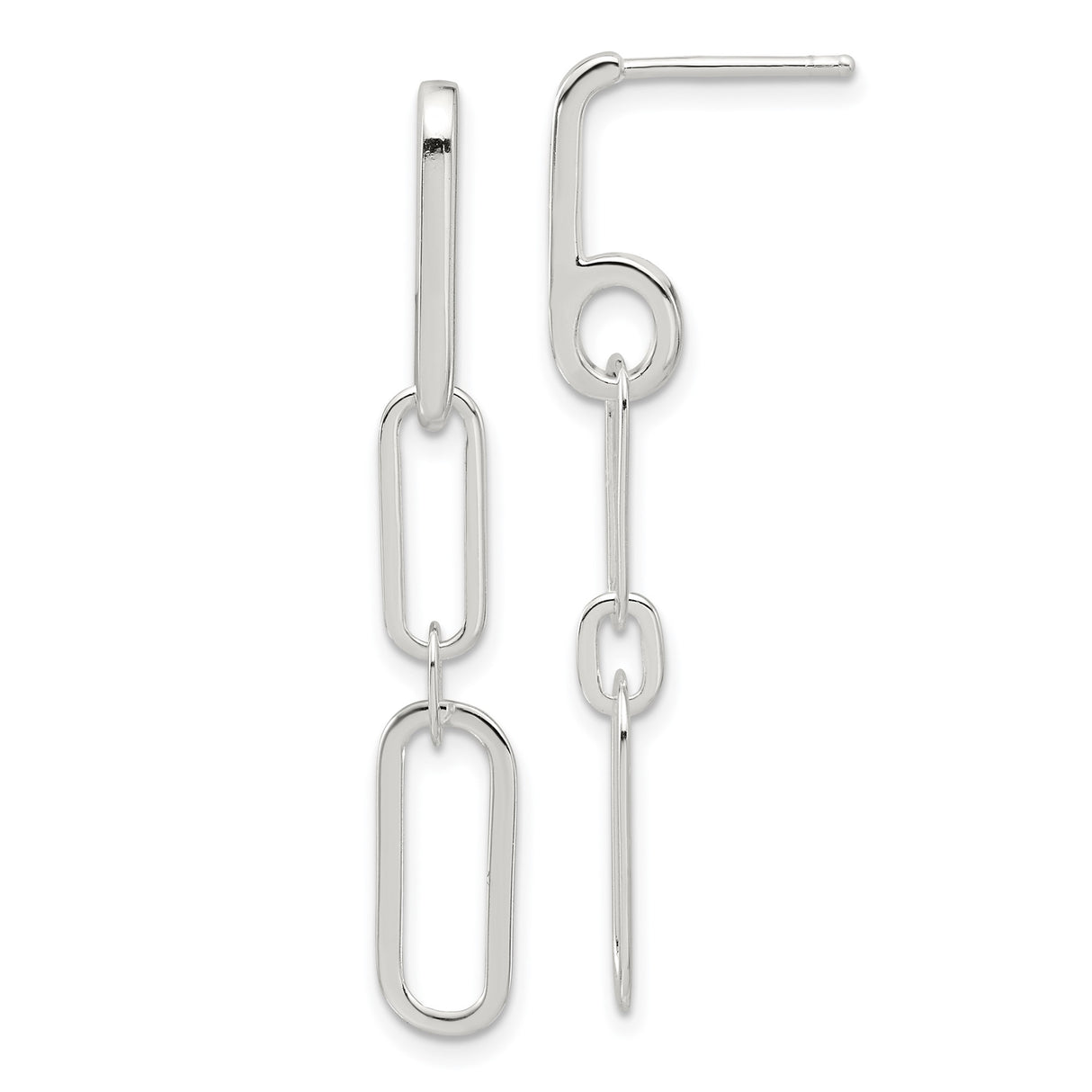 Sterling Silver Linear Drop Earrings with Paperclip Chain Design and Elongated Oval Links
