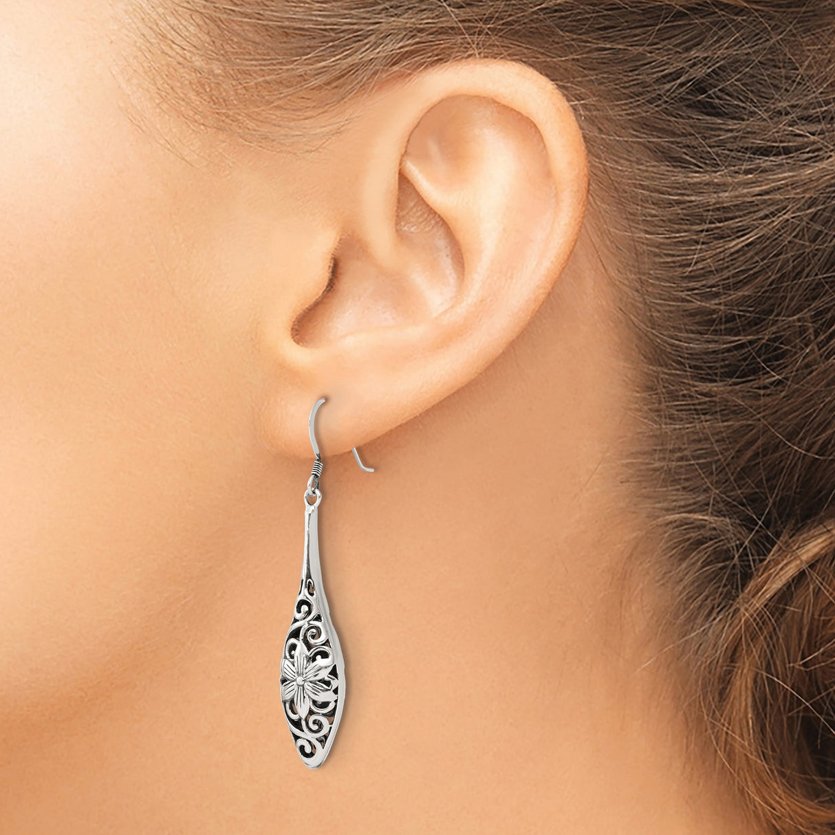 Sterling Silver Teardrop Dangle Earrings with Openwork Floral and Vine Design