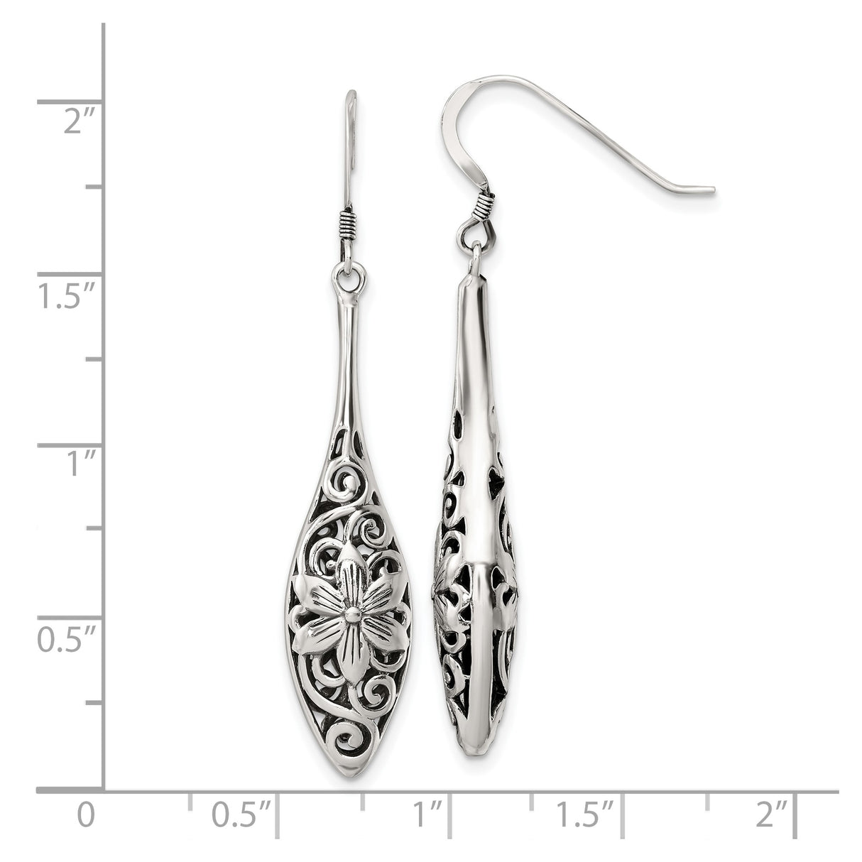 Sterling Silver Teardrop Dangle Earrings with Openwork Floral and Vine Design