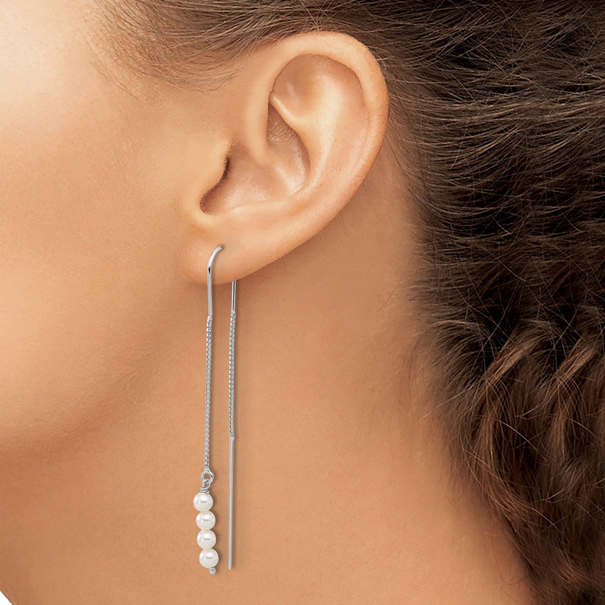 Sterling Silver Threader Earrings with Cubic Zirconia and Freshwater Pearls, Modern Drop Style