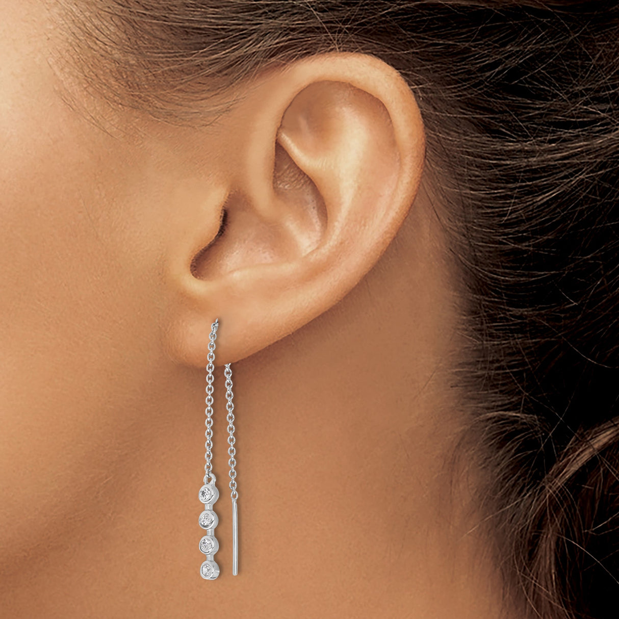 Sterling Silver Threader Earrings with Cubic Zirconia, Minimalist Linear Drop Design