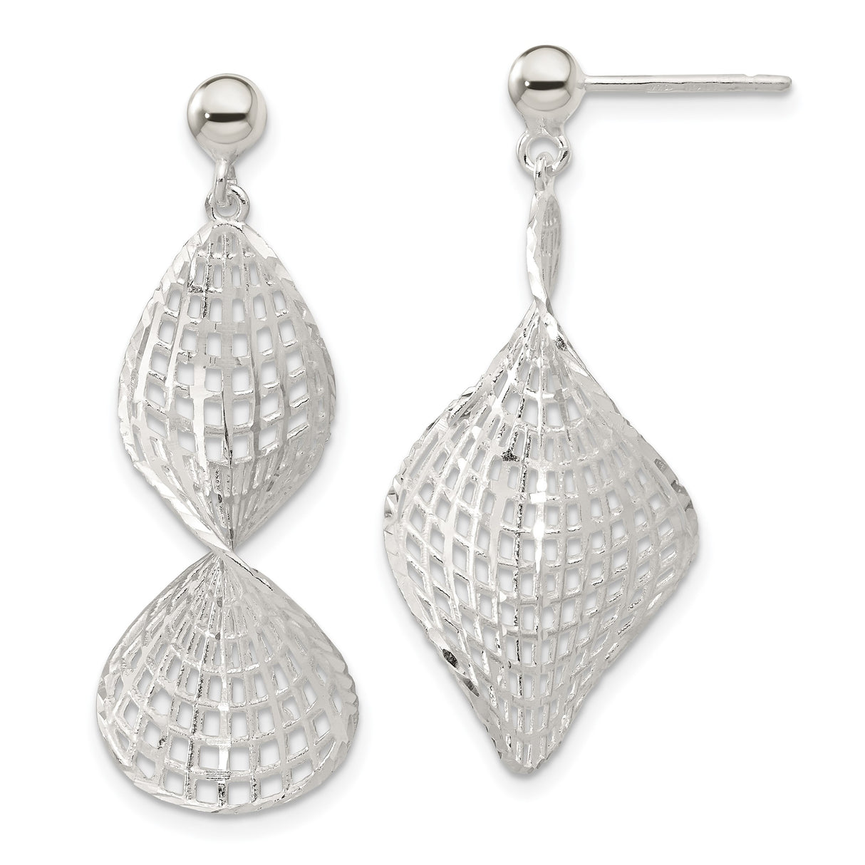 Sterling Silver Dangle Earrings with Open Lattice and Twisted Geometric Design