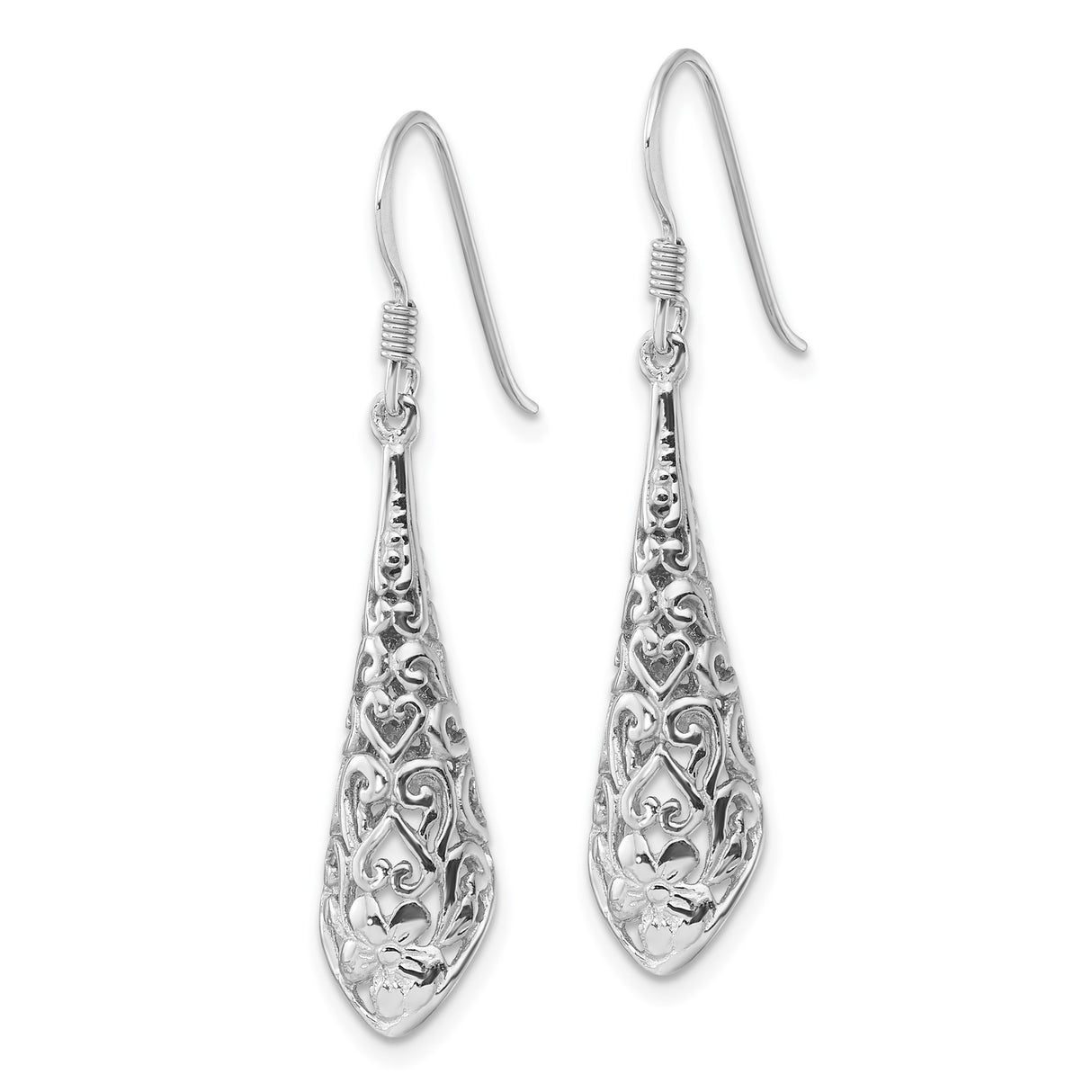 Sterling Silver Teardrop Dangle Earrings with Openwork Filigree Floral and Heart Design