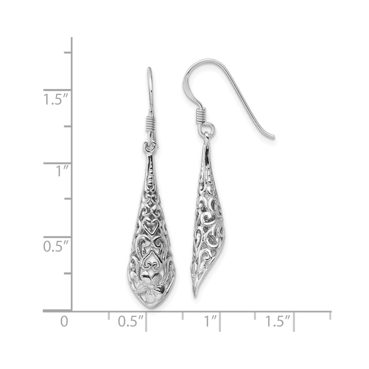 Sterling Silver Teardrop Dangle Earrings with Openwork Filigree Floral and Heart Design