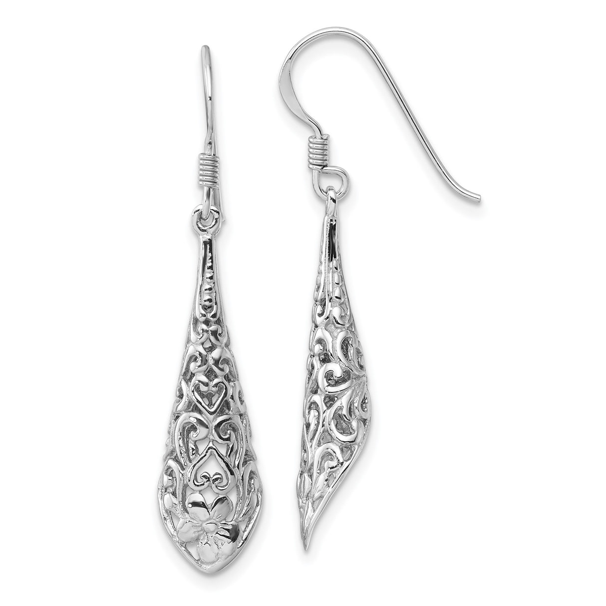 Sterling Silver Teardrop Dangle Earrings with Openwork Filigree Floral and Heart Design