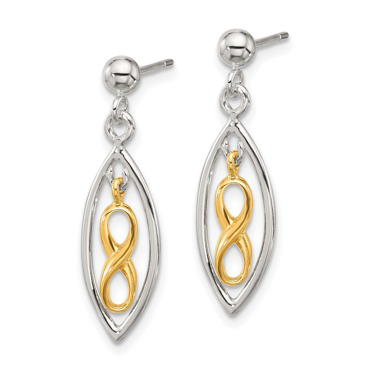 Sterling Silver Infinity Dangle Earrings with Gold Plated Marquise Frame, Spiritual Love Symbol
