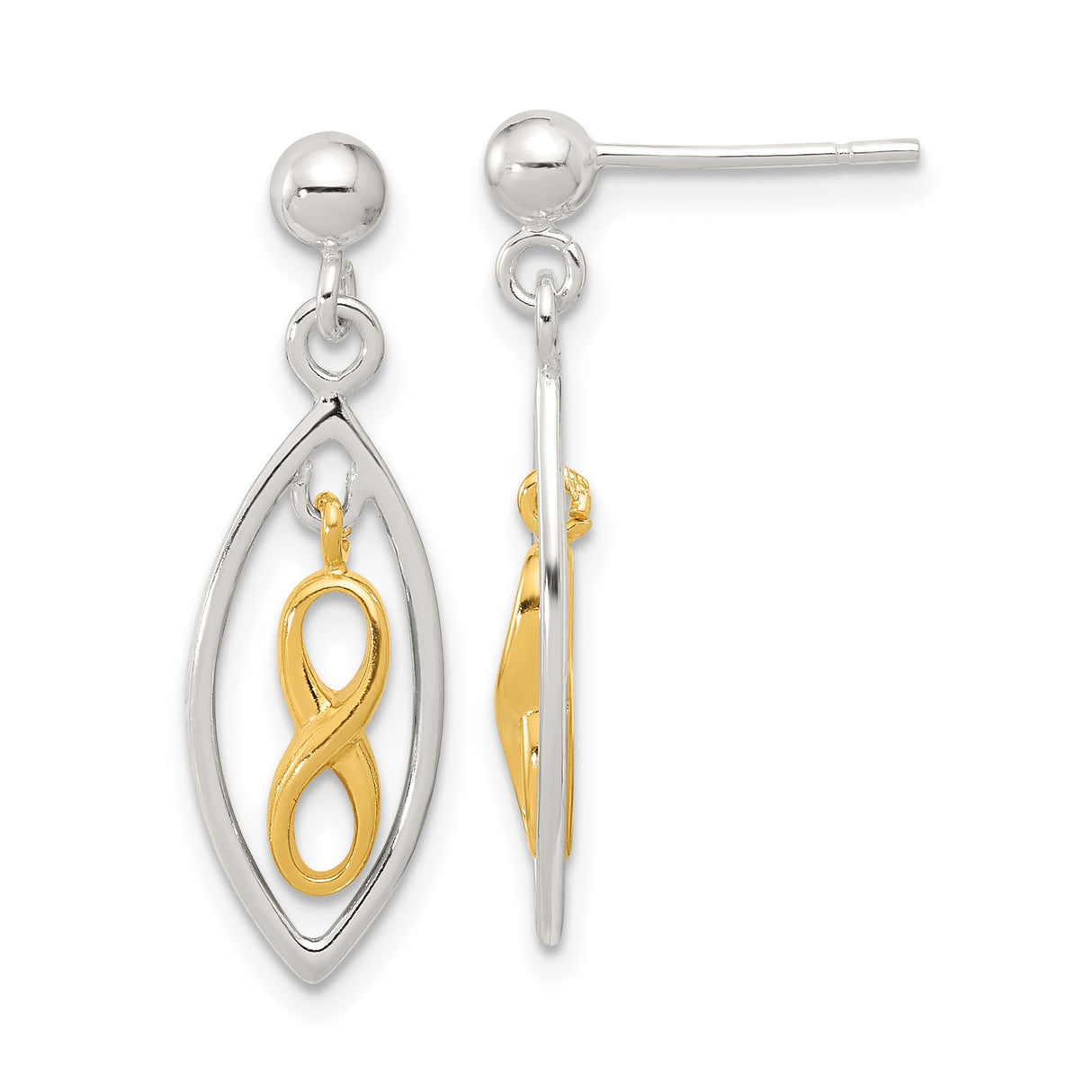 Sterling Silver Infinity Dangle Earrings with Gold Plated Marquise Frame, Spiritual Love Symbol
