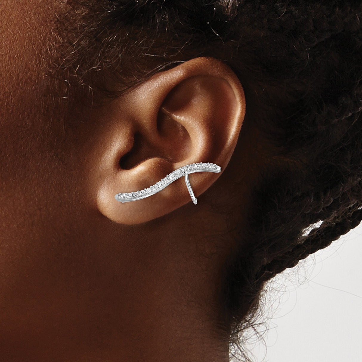 Sterling Silver Curved Bar Earrings with Cubic Zirconia, Wave Design Ear Climbers for Women